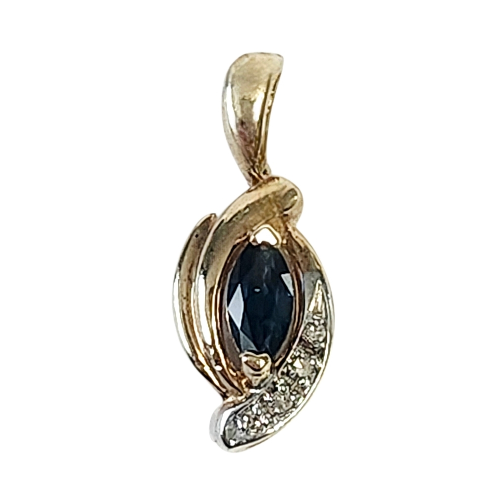 10K Sapphire Marquise & Diamond Yellow Gold Pendant - Picture 2 of 7